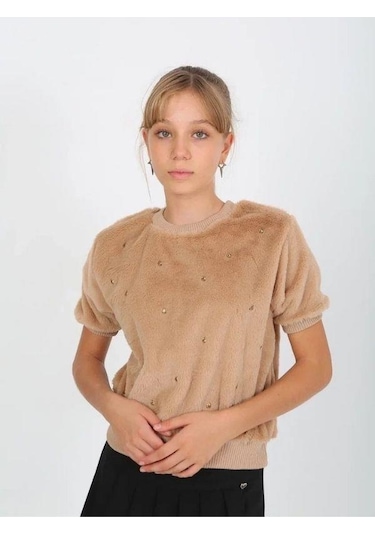 Kız Çocuk Peluş Taş Detaylı Kısa Kollu Kazak-14822 Kahverengi