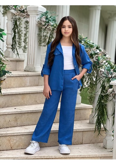 Modavals Kol Katlamalı Keten Gömlek Cepli Keten Alt & Suprem Askılı Badi 3lü Kız Çocuk Takım Saks