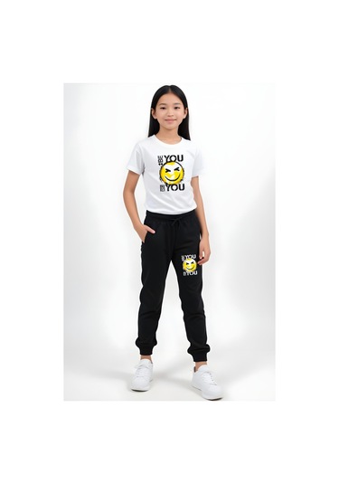 Be You Emoji Baskılı Kız Çocuk Tişört Ve Eşofman Alt-üst Takım Beyaz