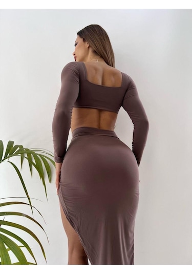 Koyu Kahve Sandy Kumaş Tokalı Uzun Kollu İkili Takım Koyu Kahverengi