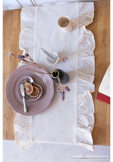 Düz Bej 40x125 Cm Vintage Fırfırlı %100 Keten Pamuklu Amerikan Runner Bej