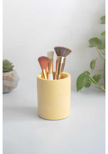 Beton Silindir Organizer Diş Fırçalık, Kalemlik, Makyaj Fırçalık Çok Amaçlı Düzenleyici Sarı