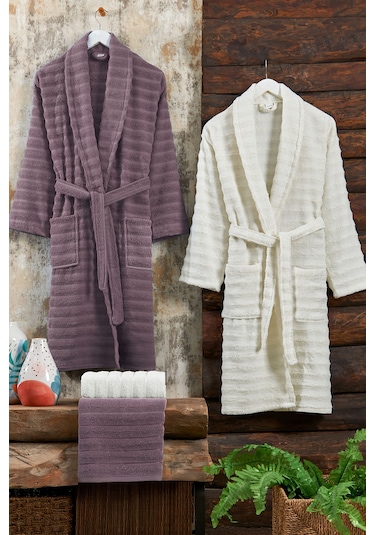 Elart Soft Bornoz Aile Seti Hamam Seti 4 Parça 70x135 Cm Mürdüm-krem Mürdüm
