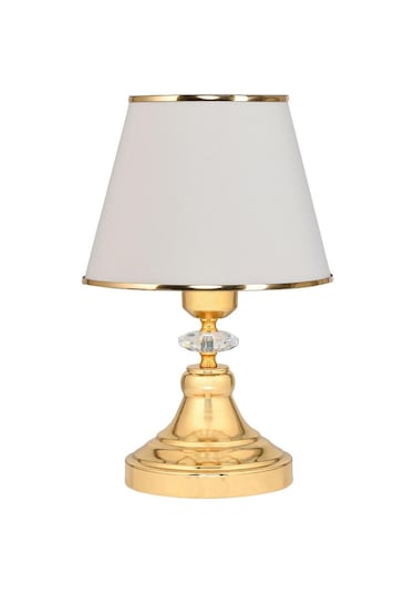 Art Deco Tarz Kristal Taş Süslü Metal Ayak Ve Gold Şeritli Krem Başlık 2'li Abajur Seti İki Adet Krem