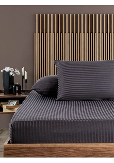 Antrasit Pamuklu Çizgili Saten Lastikli Çarşaf Takımı Tek Kişilik + 1 Yastık Kılıfı Antrasit