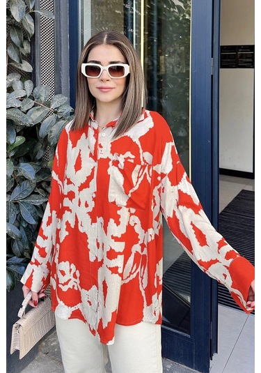 Kadın Kırmızı Uzun Kol, Arkası Pliseli, Salaş Dökümlü, Viskon Gömlek Kırmızı