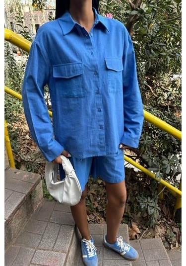 Gömlek Ve Şort Flamlı Keten Takım 10130 Mavi