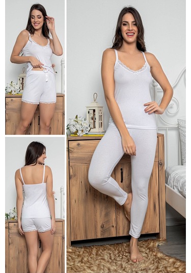 Kadın Beyaz Renkli Dantel Detaylı Şortlu Ve Taytlı Pijama Takımı 3'lü Set 75020 Beyaz