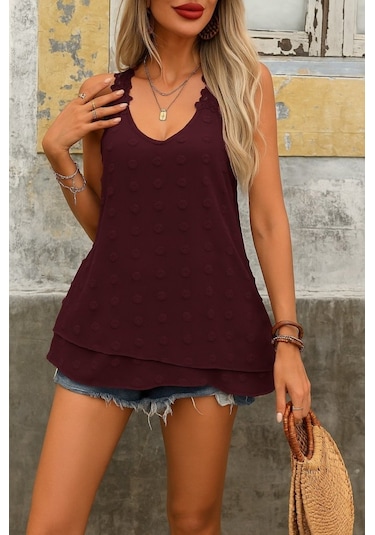 Munn Collection Kadın Dantel Askılı V Yakalı Sırtı Çapraz Detaylı Ponpon Bluz Bordo