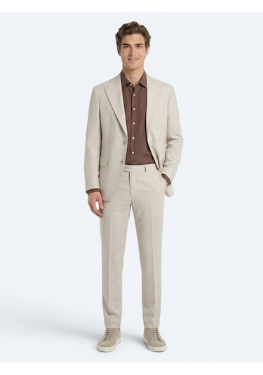 Kip Bej Desenli Modern Fit Yün Karışımlı Takım Elbise