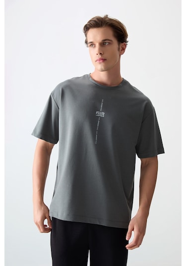 Tommy Life Haki Pamuklu Kalın Yumuşak Dokulu Oversize Fit Baskılı Erkek T-shirt - 88373 Haki