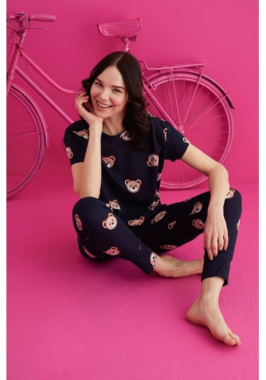 Kadın Baskılı Kısa Kollu Takım Waynap 4130 - Koyu Lacivert