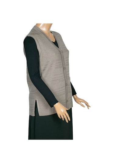 Hesna Kadın Nazan Büyük Beden Triko Düğmeli Cepli Kum Beji Yelek Bej