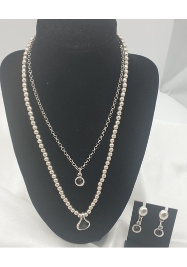 Damla Taşlı Model Antik Gümüş Kaplama Çoklu Kolye Küpe Seti