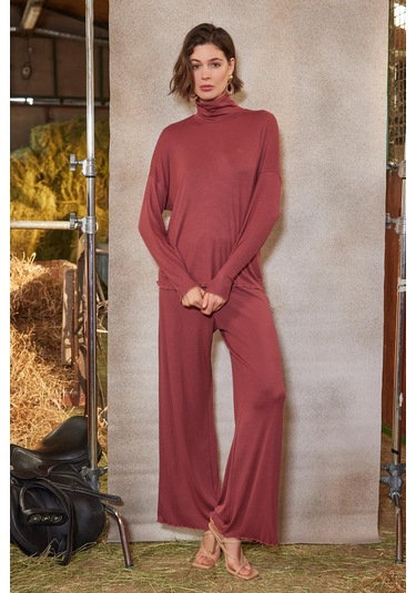 Monamise Kadın Balıkçı Yaka Çizgi Desenli Alt Üst Takım 21133 Kiremit