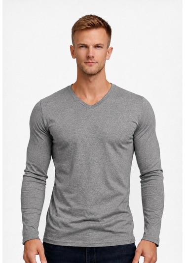 Axxel Erkek Gri Melanj Pamuklu Likralı Süprem Uzun Kollu T-shirt-d236