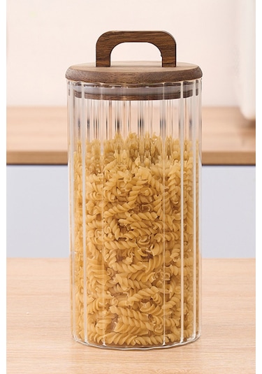 Qerhome Borosilikat Cam Optik Çizgili Akasya Kapaklı Kavanoz Zahire 3200 Ml Şeffaf