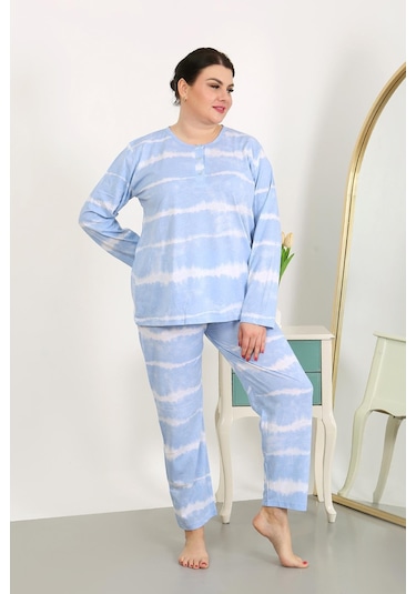 Akbeniz Kadın Büyük Beden Uzun Kol Penye Pijama Takımı Mavi 202502 Mavi