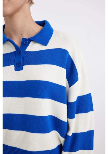 Defacto Regular Fit Polo Yaka Düğmeli Çizgili Triko Kazak A2357AX24WNBE64 Mavi Defacto Regular Fit Polo Yaka Düğmeli Çizgili Triko Kazak A2357AX24WNBE64 Mavi