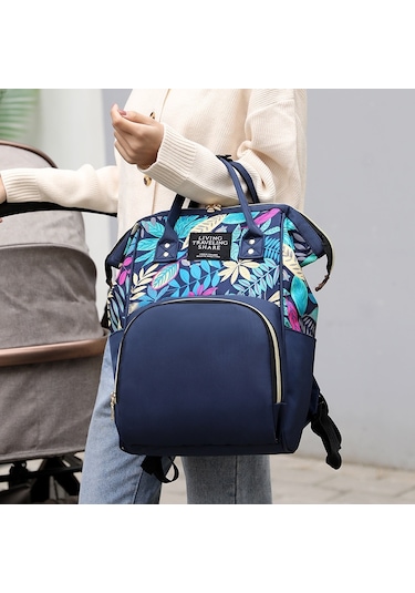 Sones Çiçek Desenli Şık Anne Bebek Seyahat Çantası, Biberon Bölmeli Çanta Mavi