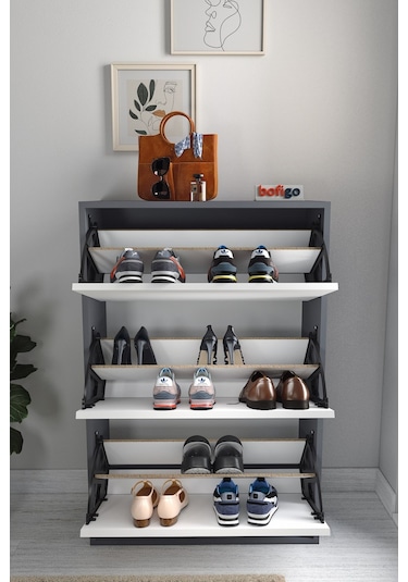 Bofigo Düşer Kapak Ayakkabılık Kayar Raflı Ayakkabılık 3 Bölmeli Ayakkabılık Melek Antrasit-Beyaz Bofigo Düşer Kapak Ayakkabılık Kayar Raflı Ayakkabılık 3 Bölmeli Ayakkabılık Melek Antrasit-Beyaz