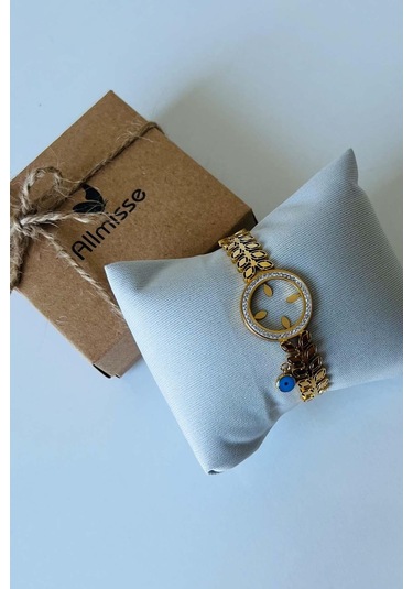 Allmisse Altın Kaplama Çeyrek Altın Takılan Yaprak Desenli Çelik Kelepçe Bileklik - Altın