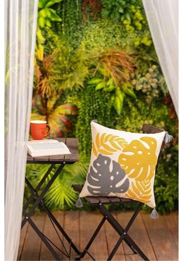 Botanik Yaprak Desenli Püsküllü Kırlent Kılıfı Gri - Sarı Çok Renkli