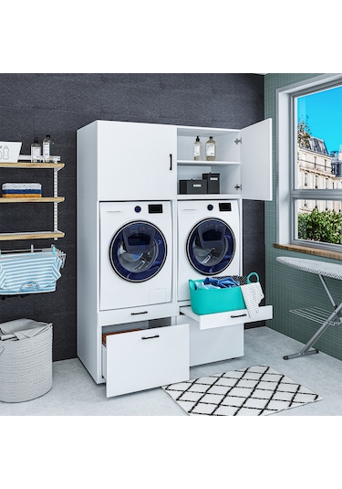 ROOMART ÇAMAŞIR-KURUTMA MAKİNESİ DOLABI + ÜST DOLABI 2'Lİ MAT BEY Mat Beyaz