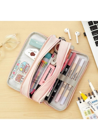 Okul Genç Kız Erkek İçin Büyük Kapasiteli Kalem Kutusu 4 Bölmeli Kese Kalem Çantası-pembe