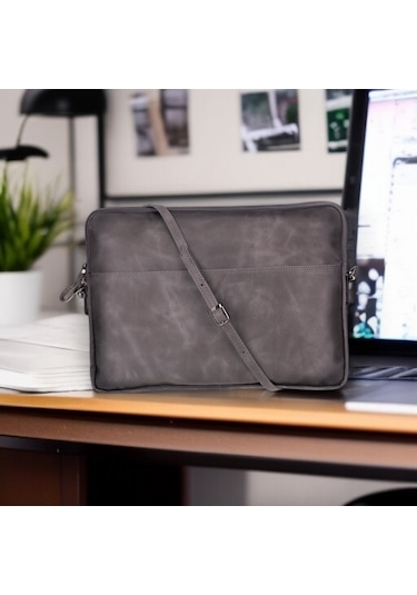 Leeds 14 İnç Macbook Ve Pc Uyumlu, Hakiki Deri, El Yapımı Kılıf, Gölgeli Gri Gri