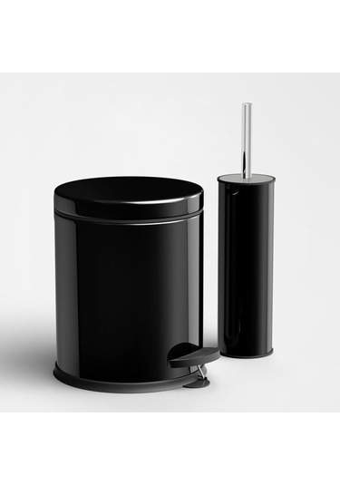 Siyah Renkli Paslanmaz Pedallı 3 Lt Çöp Kovası - Klozet Fırçası 2'li Banyo Seti Siyah