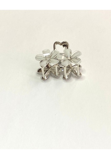 Gri Taşlı Çiçek Gümüş Detaylı Metal Mandal Toka 4 Cm Gri