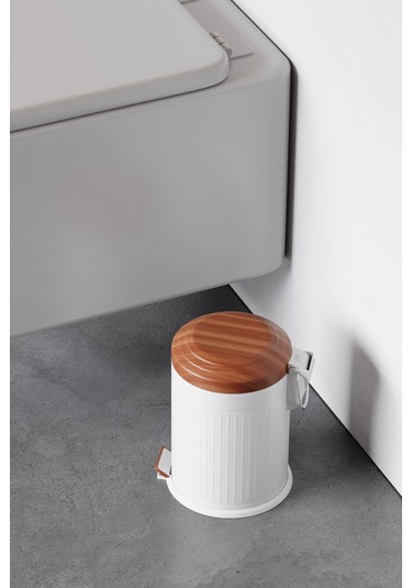 Zift Unique Paslanmaz Çelik Ahşap Kapak Desenli Vintage Çöp Kovası 5l Amortisör Yavaş Kapak Banyo-mutfak Kovalı Beyaz