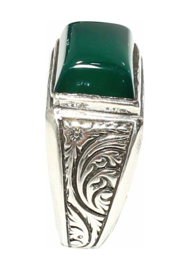 925 Ayar Gümüş Yeşil Dikdörtgen Akik Taşlı Desenli Erkek Yüzük