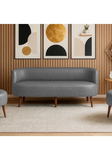 Sydney Üçlü Koltuk Kanepe Deri Kumaş - Ahşap Ayak Ev & Ofis Kullanımı - Gri Gri