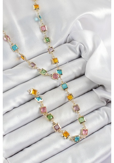 Pirinç Asorti Kare Model Gold Renk Zirkon Taşlı Y Kolye - Tj-bko10253 Gümüş