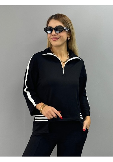 The İstanbul Kadın Polo Yaka Paça Yırtmaçlı Ribanalı İkili Takım Siyah