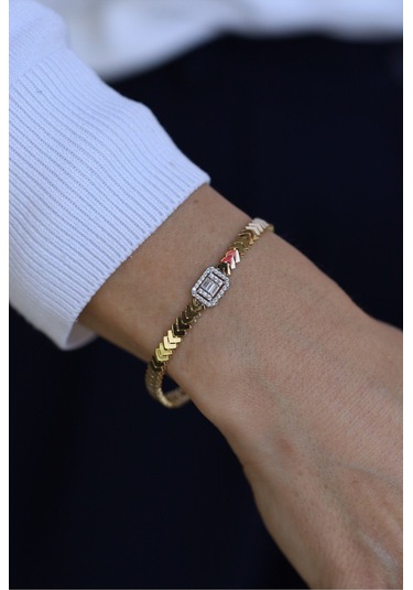 Yenigün Kuyumculuk 14 Ayar Altın Baget Taşlı Balık Sırtı Bileklik 5956 Sarı Altın