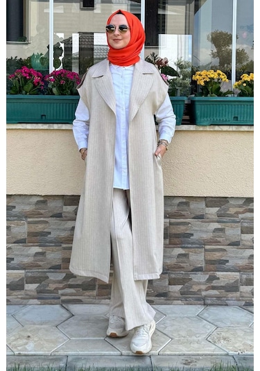 Apoletli Çizgili Takım Bej Çok Renkli