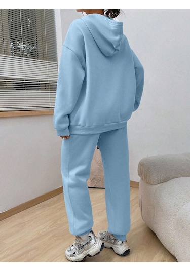 Fetch Eşofman Takımı Sweatshirt Jogger - Bebe Mavisi Baskılı Oversize Şardonlu Kapüşonlu Bej