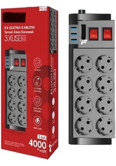 Ftr-08 4000w 16a Akım Korumalı 2 Anahtarlı 8'li Priz, 3 Usb Portl