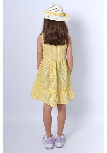 Kız Çocuk Şapkalı Elbise Kareli Fiyonklu B33 Sarı