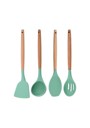 Yeşil Yeşil Silikon Mutfak Pişirme Gereçleri Seti Yapışmaz Tencere Spatula Kürek Yumurta Çırpıcı Ahşap Saplı Mutfak Alet Seti 4pcs Yeşil
