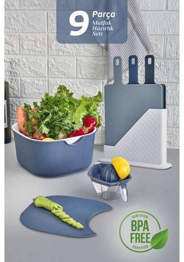 9'lu Mutfak Hazırlık Seti - Standlı Kulplu Kesme Tahtası Karıştırma Kabı Kase Süzgeç Limon Sıkacağı Mavi
