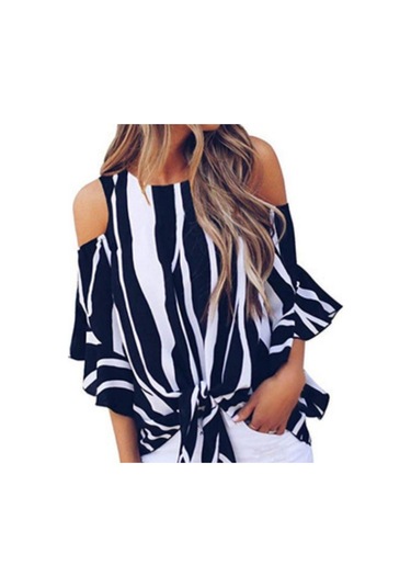 Kadın Gömlek Yuvarlak Yaka Askısız Bol Dikey Çizgili Günlük Üst Lacivert