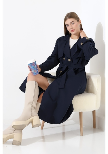 Amazon Keten Kumaş Diz Altı Yumuşak Dokulu Düğmeli Astarlı Trenç Kot Lacivert Lacivert