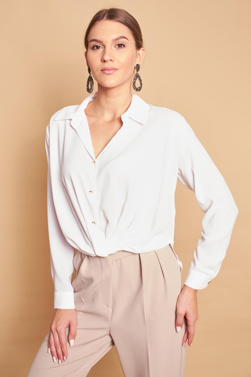 Yakalı Önü Pileli Uzun Kol Likrasız Şık Kumaş Gömlek-krem Krem