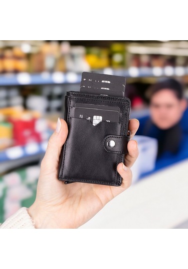 Rodos Hakiki Deri, El Yapımı, Pop-up Kartlık Cüzdan, Parlak Siyah Siyah