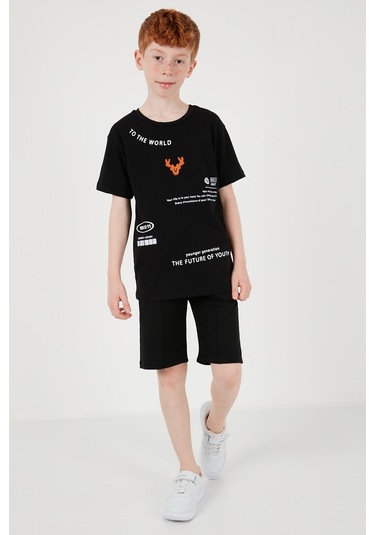 Lela Pamuklu Baskılı Bisiklet Yaka Kısa Kollu Şortlu Erkek Çocuk Takım 6212010 Siyah