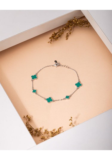 925 Ayar Rodyum Turkuaz Mineli Yonca Charm Gümüş Bileklik Gümüş - Rodyum